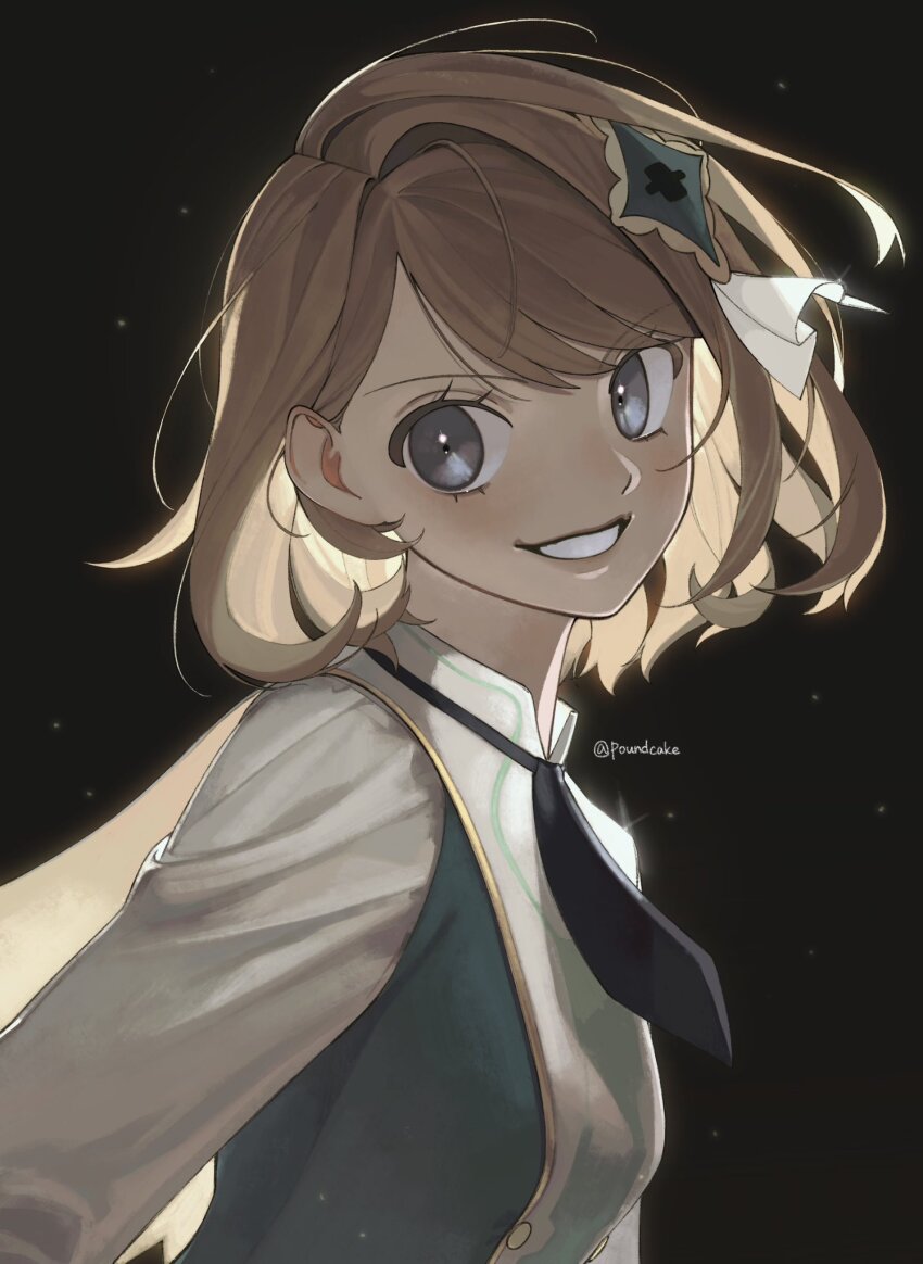 1girl ascot black_background dress grey_eyes highres light_brown_hair looking_at_viewer nintendo official_alternate_costume pokemon pokemon_masters_ex poundcake serena_(pokemon) serena_(sygna_suit)_(pokemon) short_hair smile solo sparkle teeth twitter_username upper_body