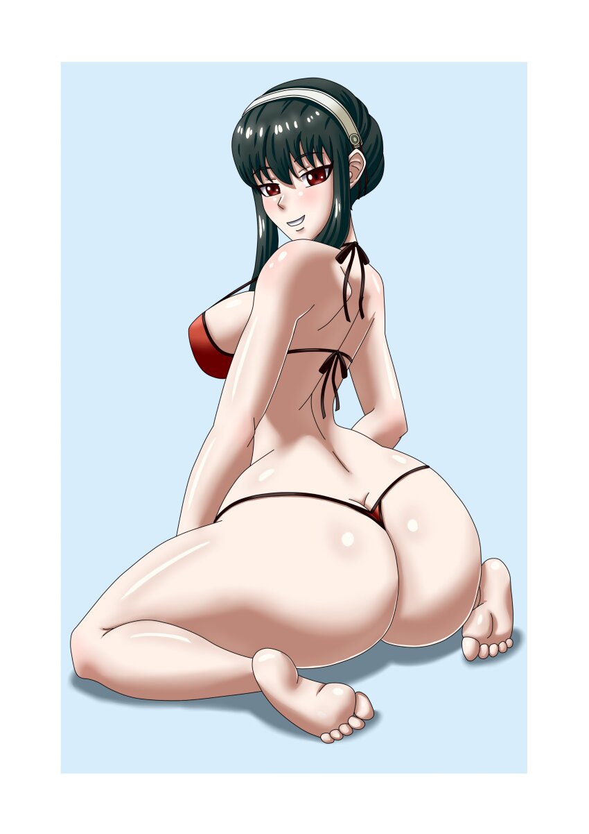 1girl absurdres ass ass_focus back-tie_bikini bikini black_hair blue_background blush border breasts butt_crack demosense eyebrows female_focus from_behind grin hairband highres huge_ass large_breasts looking_at_viewer looking_back red_bikini red_eyes short_hair_with_long_locks sidelocks simple_background smile solo spy_x_family swimsuit teeth thighs thong toes white_border white_hairband yor_briar
