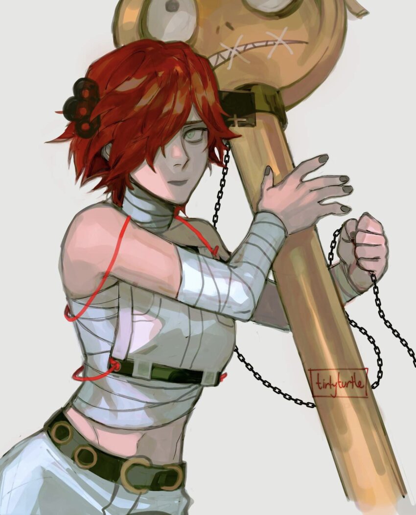 a.b.a bags_under_eyes bandaged_chest bandages chain green_eyes guilty_gear guilty_gear_xx hair_ornament hair_over_one_eye highres key key_in_head looking_at_viewer object_through_head pale_skin paracelsus_(guilty_gear) red_hair short_hair stitched_mouth stitches tirtyturtle