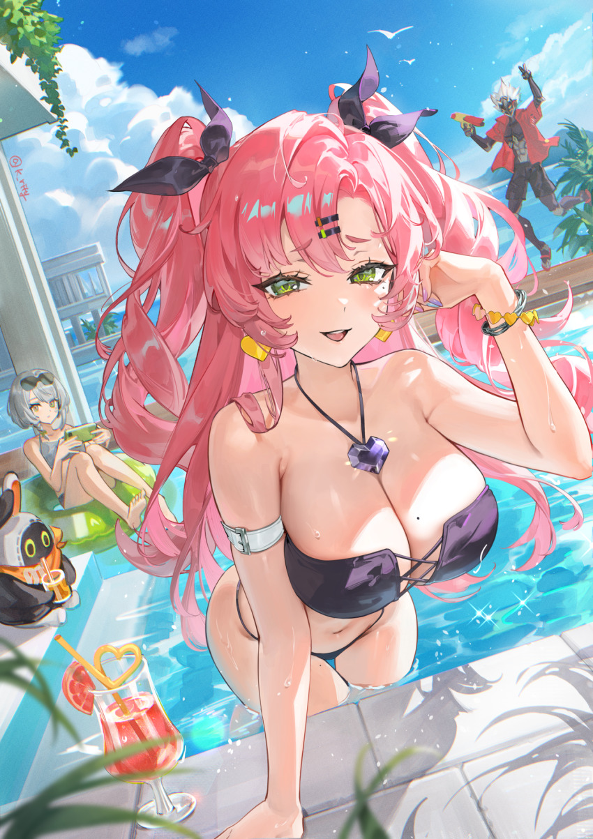 1boy 2girls alternate_costume anby_demara arm_belt arm_support armpit_crease bangboo_(zenless_zone_zero) bare_legs bare_shoulders barefoot belt bikini billy_kid bird black_bikini black_ribbon black_shorts blue_nails blue_sky blurry blurry_foreground blush bracelet braid breasts cellphone chromatic_aberration cleavage closed_mouth cloud cloudy_sky collarbone commentary crazy_straw cross-laced_bikini cross-laced_clothes cumulonimbus_cloud cup day drinking_glass drinking_straw dutch_angle earrings eous_(zenless_zone_zero) eyelashes eyewear_on_head feet fingernails food fruit green_eyes green_innertube grey_hair groin hair_ornament hair_over_shoulder hair_ribbon hairclip hand_up heart heart_bracelet heart_collar heart_earrings heart_necklace heart_straw highres holding holding_cup holding_phone holding_water_gun humanoid_robot innertube jacket jewelry knees_up large_breasts leaning leaning_forward legs lemon lemon_slice long_hair looking_at_viewer mechabare medium_hair mole mole_on_breast mole_on_thigh mole_under_eye multicolored_nails multiple_girls nail_polish navel necklace nicole_demara open_clothes open_jacket open_mouth outdoors phone pink_hair pink_nails plant pool poolside purple_nails red_jacket red_shirt ribbon rity robot seagull shadow shirt short_hair short_sleeves shorts sky small_breasts smartphone smile soles solo_focus spiked_hair stomach strapless strapless_bikini sunglasses swim_ring swimsuit teeth thighs toes twintails twitter_username two_side_up upper_teeth_only v very_long_hair water water_gun wet white_belt white_bikini white_hair zenless_zone_zero