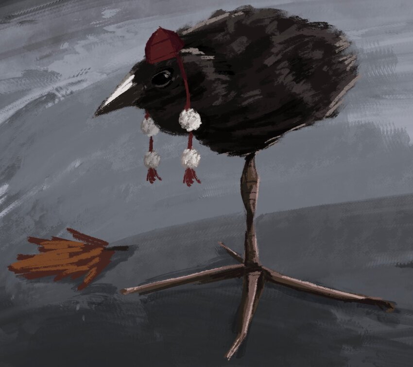 baby_animal bird black_feathers chick closed_mouth feathers full_body grey_background hat highres leaf nogguies pom_pom_(clothes) pukeko red_hat red_tassel shameimaru_aya shameimaru_aya_(crow) tassel tokin_hat touhou
