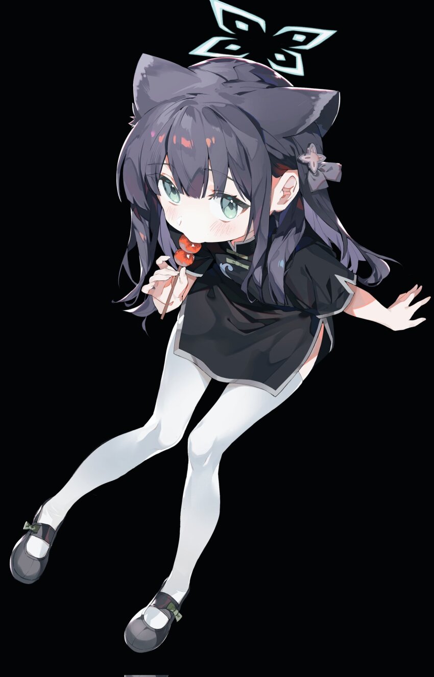 1girl animal_ears b_zhan_cm_yang black_background black_dress black_hair black_shoes blue_archive child commentary dango dress extra_ears food full_body green_eyes green_halo halo highres holding holding_food holding_skewer looking_at_viewer mary_janes shoes short_sleeves shun_(blue_archive) shun_(small)_(blue_archive) simple_background skewer solo thighhighs tiger_ears tiger_girl wagashi white_thighhighs