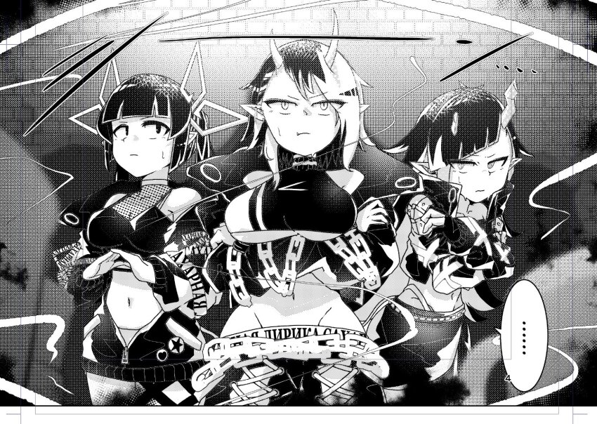 ... 3girls bane_mk-2 blunt_bangs breasts chain cleavage closed_mouth clothing_cutout cowboy_shot crop_top cropped_jacket crossed_arms demon_girl demon_horns gloves greyscale highleg highleg_panties highres horns jacket kojo_anna kojo_anna_(1st_costume) long_hair long_sleeves looking_at_viewer medium_breasts midriff monochrome multiple_girls nanashi_inc. navel off_shoulder open_clothes open_jacket panties partially_fingerless_gloves pointy_ears ryugasaki_rene ryugasaki_rene_(1st_costume) see-through_clothes see-through_cleavage see-through_shirt shirt shishio_chris shishio_chris_(1st_costume) short_hair shoulder_cutout skirt sleeveless sleeveless_shirt spoken_ellipsis sports_bra twintails underboob underwear v-shaped_eyebrows virtual_youtuber zipper