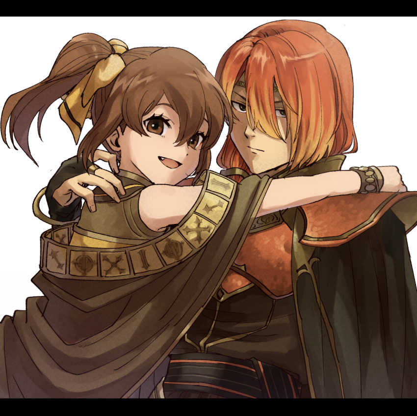 1boy 1girl :d armor bare_shoulders bow bracelet brother_and_sister brown_cape brown_eyes brown_hair cape delthea_(fire_emblem) dress fang fire_emblem fire_emblem_echoes:_shadows_of_valentia glaring hair_between_eyes hair_bow hand_on_another&#039;s_shoulder highres jewelry kometubu0712 letterboxed looking_at_viewer looking_back luthier_(fire_emblem) nintendo open_mouth orange_hair ponytail siblings simple_background smile upper_body white_background yellow_bow yellow_dress