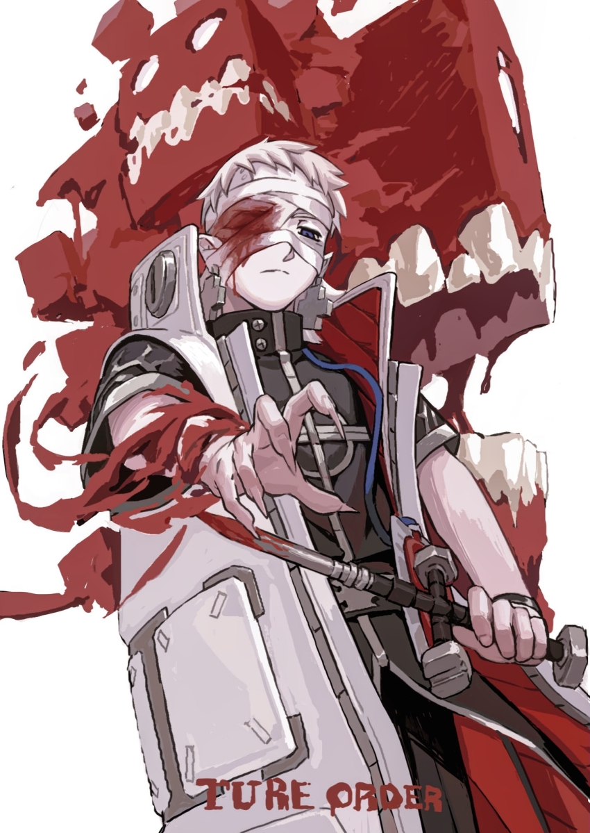 1boy alchemy_stars bandage_over_one_eye bandages blood bloody_bandages blue_eyes chenrong96 closed_mouth coat cross cross_earrings earrings highres holding holding_weapon jewelry male_focus nails_(alchemy_stars) short_hair short_sleeves solo weapon white_coat