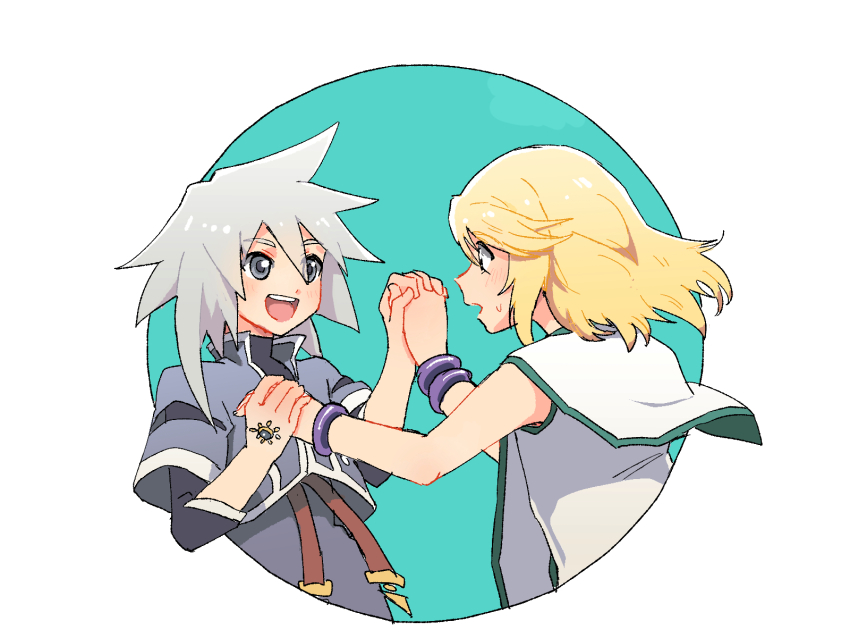 2boys azuma_yukihiko blonde_hair blue_eyes bracelet gem genius_sage green_eyes highres holding_hands jewelry looking_at_another male_focus medium_hair mithos_yggdrasill multiple_boys open_mouth short_sleeves tales_of_(series) tales_of_symphonia white_hair yaoi