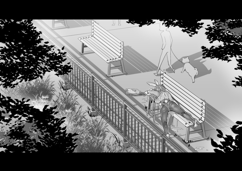 1girl 1other animal_ears asuna_(blue_archive) asuna_(bunny)_(blue_archive) bench blue_archive bottle breasts dog drunk fainted fake_animal_ears gloves greyscale highres large_breasts leash leotard long_hair monochrome official_alternate_costume on_bench outdoors pantyhose park park_bench pet plastic_bottle playboy_bunny public_indecency pussy_juice rabbit_ears sashizume_soutarou shadow white_gloves wooden_bench