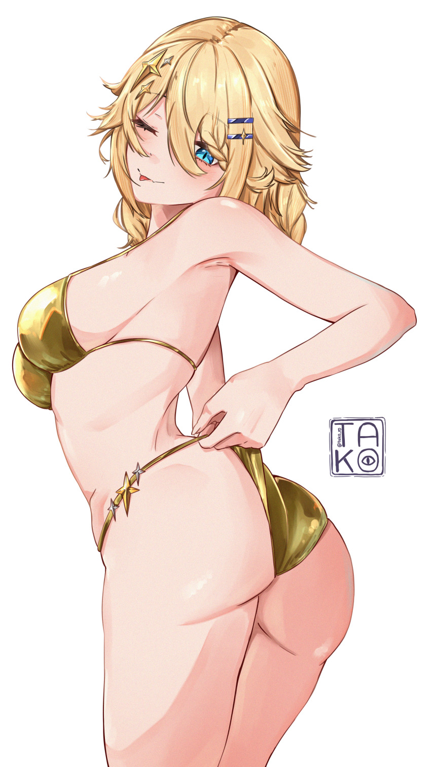 1girl ;p absurdres adjusting_clothes adjusting_swimsuit ass bikini blonde_hair blue_eyes breasts cowboy_shot gold_bikini hair_ornament hairclip highres kaneko_lumi looking_back medium_breasts one_eye_closed phase_connect simple_background solo swimsuit takoroki tongue tongue_out virtual_youtuber white_background