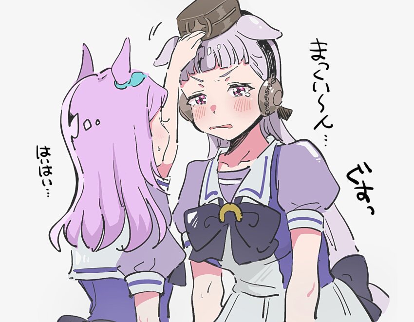 2girls an_(tmso_ntm) animal_ears aqua_bow blunt_bangs blush bow bowtie breasts brown_hat crying ear_bow ear_ribbon gold_ship_(umamusume) grey_hair hat headpat highres horse_ears horse_girl horse_tail long_hair looking_at_another mejiro_mcqueen_(umamusume) multiple_girls open_mouth pillbox_hat puffy_short_sleeves puffy_sleeves purple_bow purple_bowtie purple_eyes purple_hair purple_shirt sailor_collar sailor_shirt school_uniform shirt short_sleeves skirt tail tearing_up tracen_school_uniform umamusume white_sailor_collar white_skirt