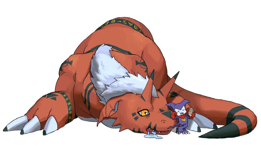 1boy all_fours bandana bandana_around_neck bread closed_eyes demon digimon digimon_(creature) digimon_tamers dinosaur dragon fewer_digits food full_body gloves growmon highres impmon missyou67363 red_bandana red_gloves red_scarf saliva scarf simple_background white_background white_hair yellow_eyes