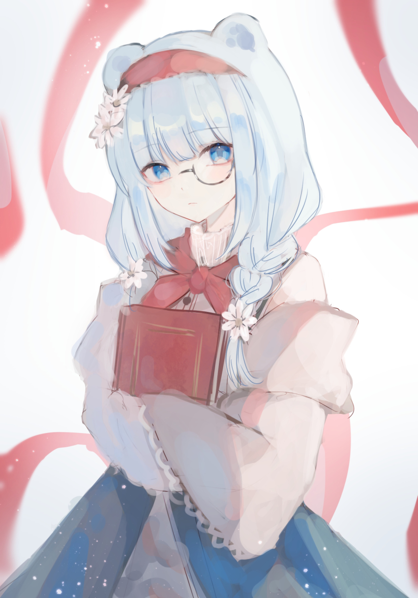 1girl animal_ears arknights bear_ears blue_eyes blue_hair blue_skirt blush book braid closed_mouth flower hair_flower hair_ornament hair_over_one_eye highres istina_(arknights) istina_(bibliosmia)_(arknights) long_hair looking_at_viewer nagute hugging_object official_alternate_costume red_ribbon ribbon shirt single_braid skirt solo white_flower white_shirt