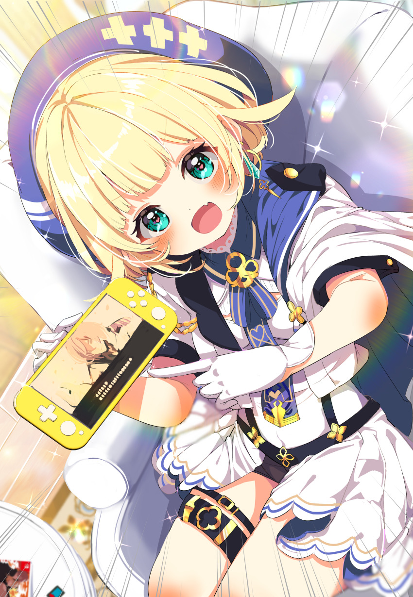 1girl :d absurdres aqua_eyes beret black_shorts blonde_hair blue_necktie blush chair commission couch emphasis_lines fang gloves green_eyes handheld_game_console hat highres holding holding_handheld_game_console jacket looking_at_viewer necktie nintendo_switch open_mouth original playing_games pleated_skirt pointing ryouki_chaki shiro9jira shirt short_hair short_sleeves shorts sitting skeb_commission skin_fang skirt smile solo thigh_strap virtual_youtuber white_gloves white_jacket white_shirt white_skirt