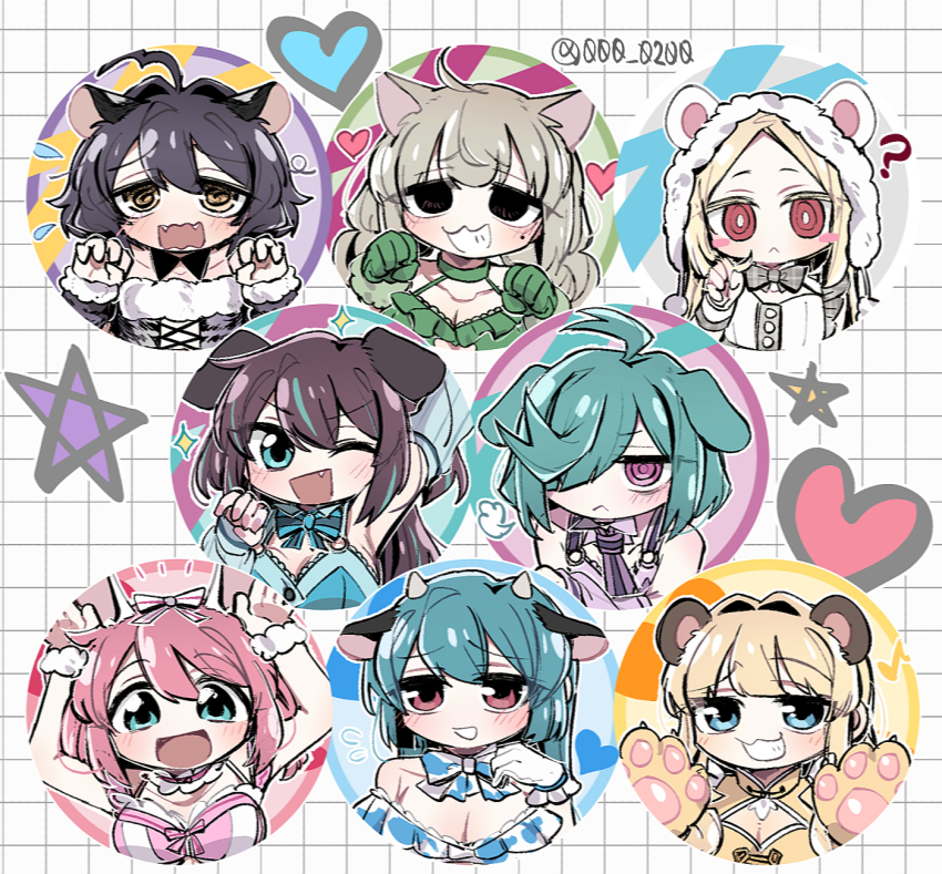 6+girls ? @_@ ahoge akoya_matama an_sin anemo_nemo animal_ears animal_hands araga_kiwi armpits bear_ears black_hair blonde_hair blue_eyes bow brown_eyes cat_ears cow_ears cow_horns dog_ears fang flustered flying_sweatdrops gloves grid_background grin hair_bow hair_over_one_eye hanabishi_haruka heart highres hiiragi_utena horns looking_at_viewer mahou_shoujo_ni_akogarete medium_hair minakami_sayo mole mole_under_eye morino_korisu multiple_girls open_mouth paw_pose pentagram purple_eyes rabbit_ears red_eyes simple_background smile sparkle tenkawa_kaoruko white_background