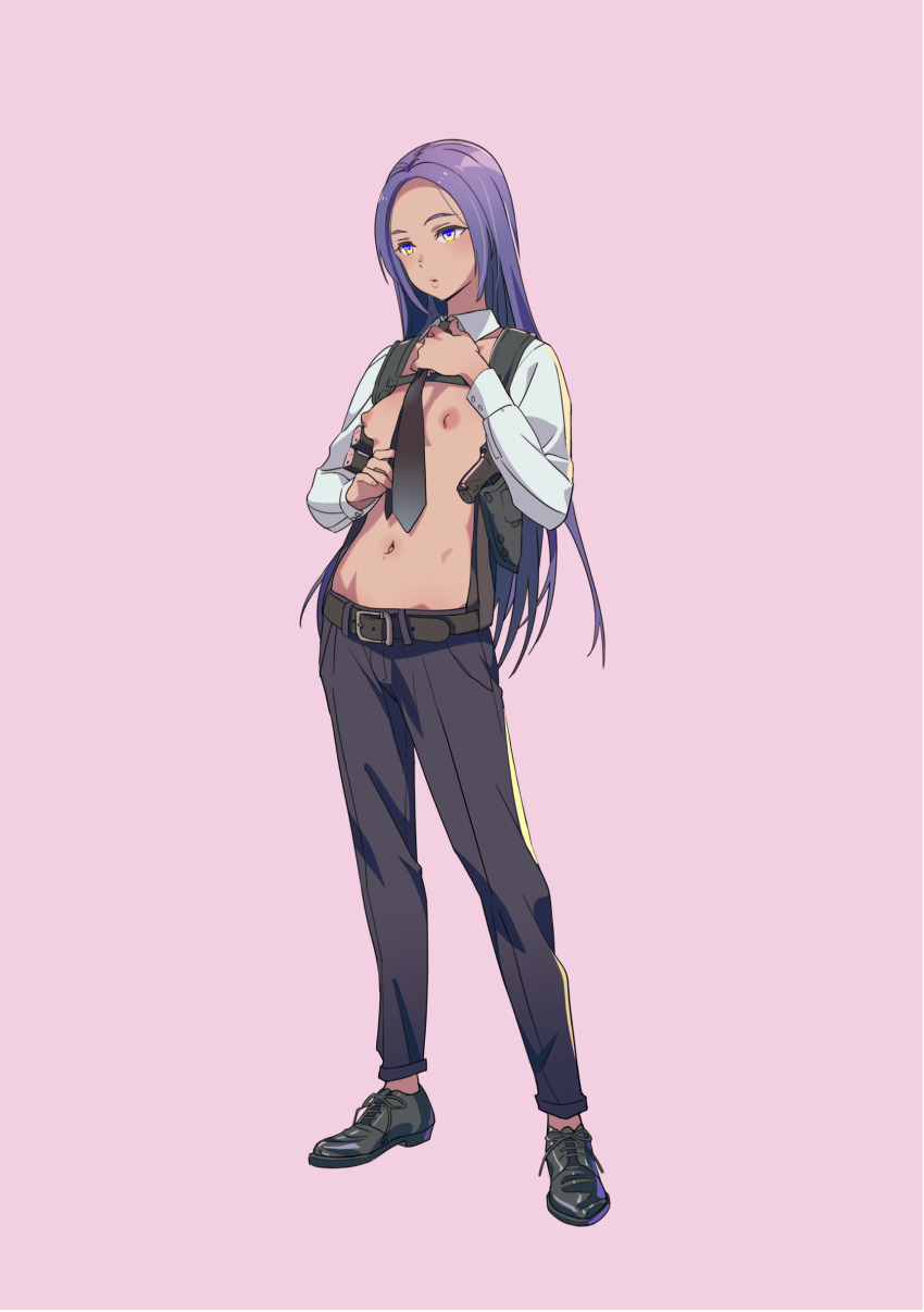 1girl absurdres belt black_footwear black_necktie black_pants breasts collar dark_skin detached_sleeves dress_shoes full_body gun highres holster long_hair mebae navel necktie open_mouth original pants pink_background puffy_nipples purple_eyes purple_hair simple_background small_breasts solo topless_female weapon
