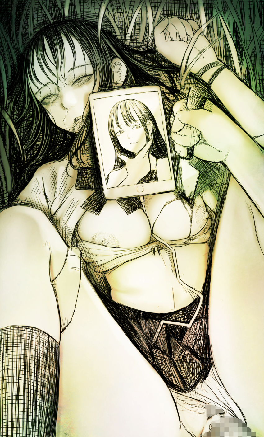 1boy 1girl absurdres bra bra_pull breasts cable censored clothes_pull commentary_request corpse disorder! hetero highres kneehighs knife large_breasts long_hair monochrome mosaic_censoring murder necrophilia nipples open_mouth original sex sidelocks skirt socks stab tablet_pc underwear