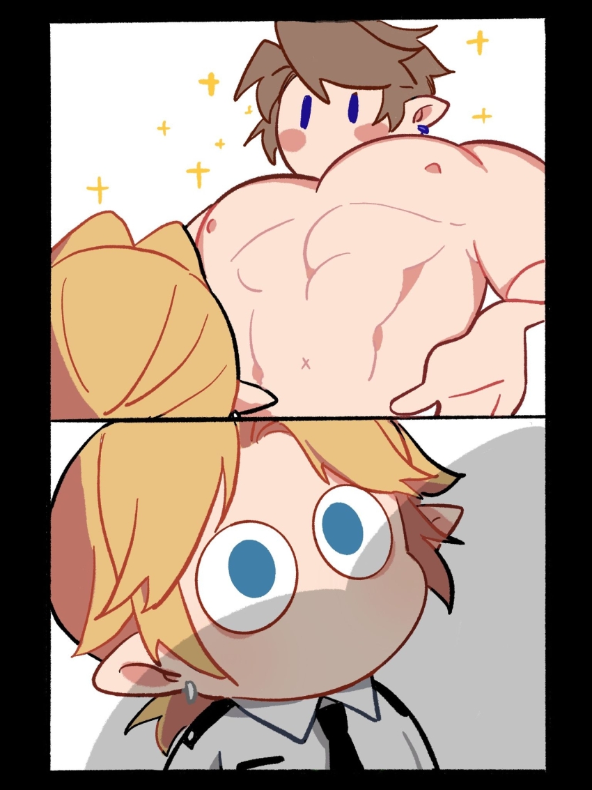 0_0 2boys alternate_costume arashi_(arashi999uxu) awestruck blonde_hair boob_shadow_(meme) character_request chibi from_below highres huge_pectorals large_pectorals link meme multiple_boys muscle_awe muscular muscular_male nexktie nintendo outstretched_hand pectorals police police_uniform policeman sequential short_hair sibi2028_boob_shadow_(meme) solid_oval_eyes sparkle sparkling_aura the_legend_of_zelda upper_body x_navel yaoi
