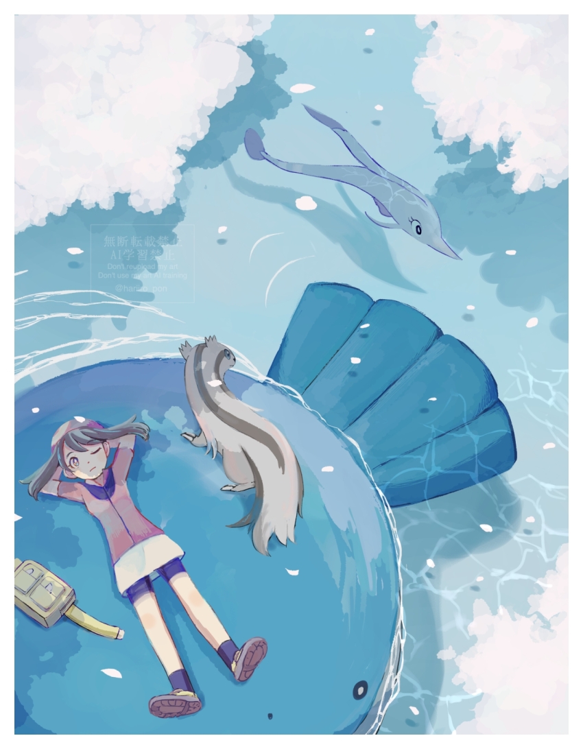 bandana bike_shorts border brown_hair closed_mouth cloud from_above gen_3_pokemon gorebyss highres linoone may_(pokemon) medium_hair nintendo one_eye_closed pokemon pokemon_(creature) pokemon_rse popcorn_91 red_bandana wailmer water watermark white_border