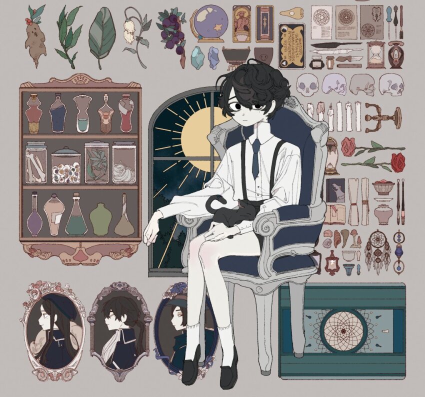 1boy :| animal animal_on_lap bags_under_eyes basket black_cat black_eyes black_hair black_shoes black_shorts blue_necktie blueberry bone book bottle candle candlestand card cat chair closed_mouth commentary_request crystal crystal_ball dreamcatcher dress_shirt empty_eyes eogo_(mopidona) equipment_layout eyeball flower food fruit full_body grey_background hair_between_eyes herb hourglass inkwell jar kneepits knife korean_commentary lantern leaf lily_of_the_valley loafers looking_at_viewer magic_circle male_focus mandrake mole mole_under_eye mushroom necktie on_lap open_book original ouija paintbrush pale_skin picture_frame plate portrait_(object) potion quill red_flower red_rose rose scroll seashell shelf shell shirt shoes short_hair shorts simple_background sitting skull socks solo sun_symbol suspenders swept_bangs vat white_shirt white_socks window wood_carving_tool