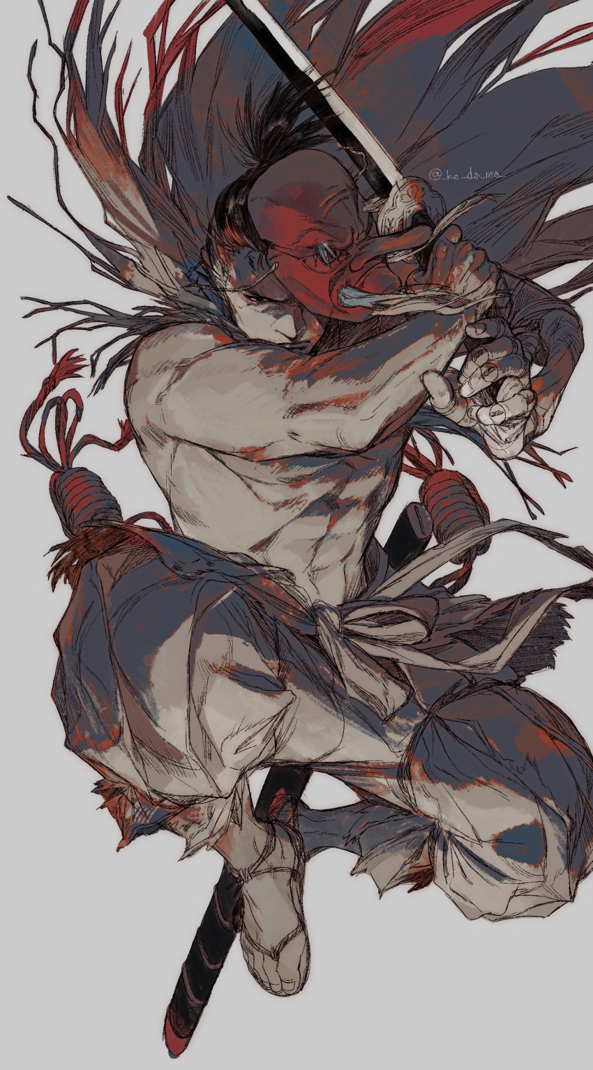 1boy absurdres artist_name black_hair closed_mouth frown grey_background highres holding holding_sword holding_weapon japanese_clothes katana male_focus mask ninja pants piyomotsu prosthesis prosthetic_arm sandals sekiro sekiro:_shadows_die_twice short_hair simple_background solo straw_cape sword tengu_mask topless_male weapon