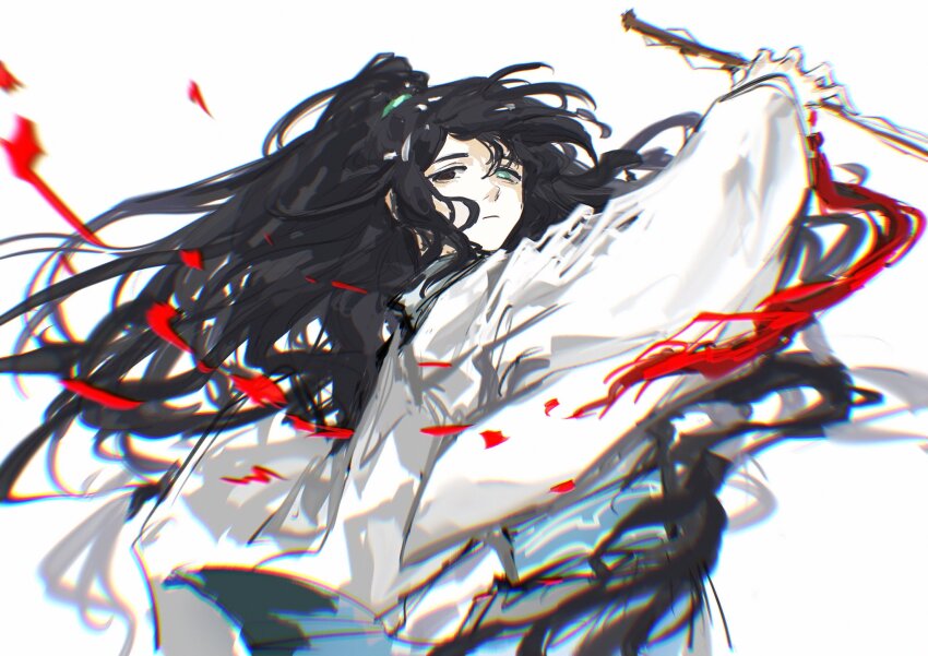 1boy black_eyes black_hair blue_eyes blue_sash chinese_clothes hanfu heterochromia high_ponytail highres hong_lu_(project_moon) limbus_company long_hair looking_at_viewer male_focus ponytail project_moon sash shan23852196 simple_background solo standing upper_body very_long_hair white_background white_hanfu