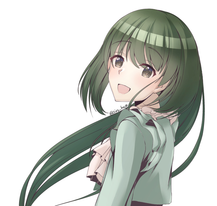 1girl :d green_hair highres idolmaster idolmaster_shiny_colors kagin_(kagou_shita_nanika) long_hair long_sleeves looking_at_viewer nanakusa_nichika open_mouth simple_background smile solo standing upper_body white_background