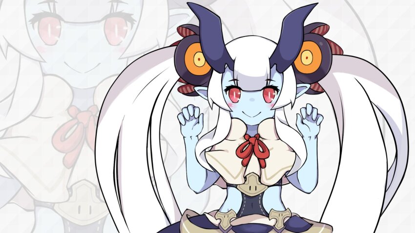1girl arum_(world_flipper) blue_skin claw_pose closed_mouth clothing_cutout colored_skin eyelashes highres horns long_hair looking_at_viewer mwm5 pointy_ears red_eyes red_ribbon ribbon side_cutout solo very_long_hair white_hair world_flipper zoom_layer