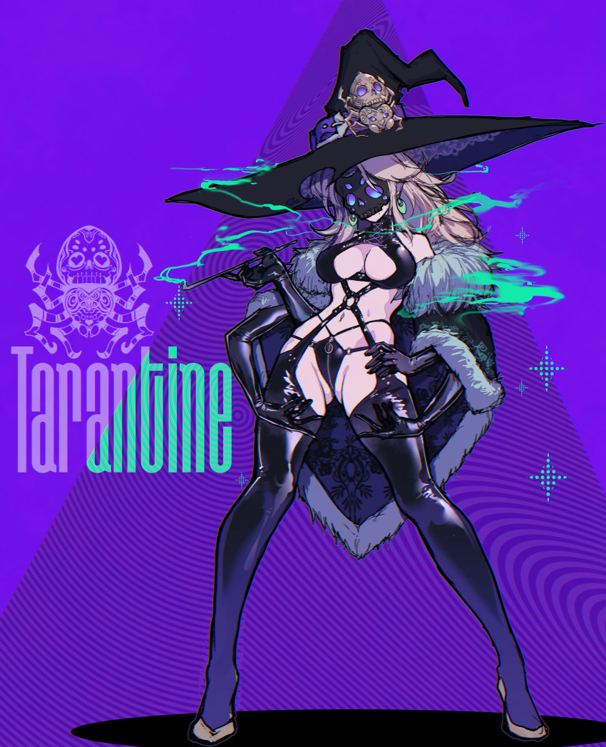 1girl arthropod_girl blonde_hair bondage_outfit boots breasts crotch_zipper earrings elbow_gloves extra_arms full_body garter_straps gloves hand_on_own_hip hat highres insect_girl jewelry kiseru long_hair mask medium_breasts navel original purple_background ryuu_tou shiny_clothes skull_mask smoke smoke_trail smoking_pipe solo spider_girl standing thigh_boots witch witch_hat