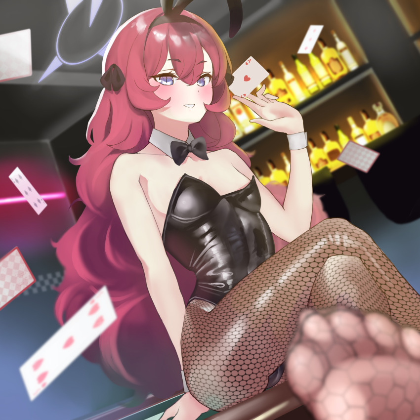 1girl alcohol alternate_costume animal_ears bar_(place) bare_shoulders black_bow black_bowtie black_leotard blue_archive blue_halo blurry blurry_background blurry_foreground blush bottle bow bowtie card collar commentary_request crossed_legs depth_of_field detached_collar fake_animal_ears feet fishnet_pantyhose fishnets flat_chest foreshortening hair_between_eyes halo heart_card highres holding holding_card indoors iroha_(blue_archive) kitsune_(w1lm1) leotard long_hair looking_at_viewer open_mouth pantyhose partial_commentary playboy_bunny purple_eyes rabbit_ears red_hair sitting slit_pupils soles solo strapless strapless_leotard toes very_long_hair wavy_hair white_collar white_wrist_cuffs wine_bottle wrist_cuffs