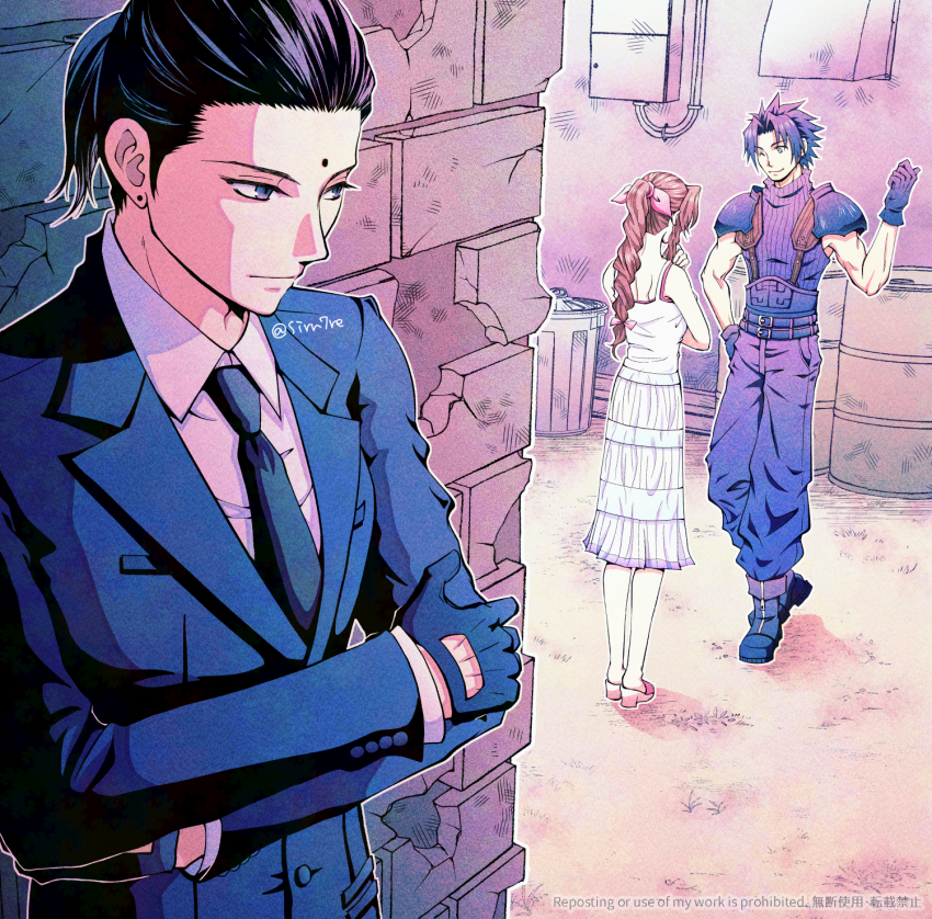 1girl 2boys aerith_gainsborough armor baggy_pants black_gloves black_hair black_necktie black_suit blue_sweater boots braid braided_ponytail brown_hair closed_mouth collared_shirt commentary_request crisis_core_final_fantasy_vii dress final_fantasy final_fantasy_vii formal_clothes gloves hair_ribbon highres jacket long_hair looking_at_another multiple_boys necktie one_eye_closed outdoors pants parted_bangs pink_ribbon ribbon shirt shoulder_armor sleeveless sleeveless_turtleneck smile spiked_hair standing sui_7r suit suit_jacket sweater tseng turtleneck turtleneck_sweater twitter_username white_dress white_shirt zack_fair