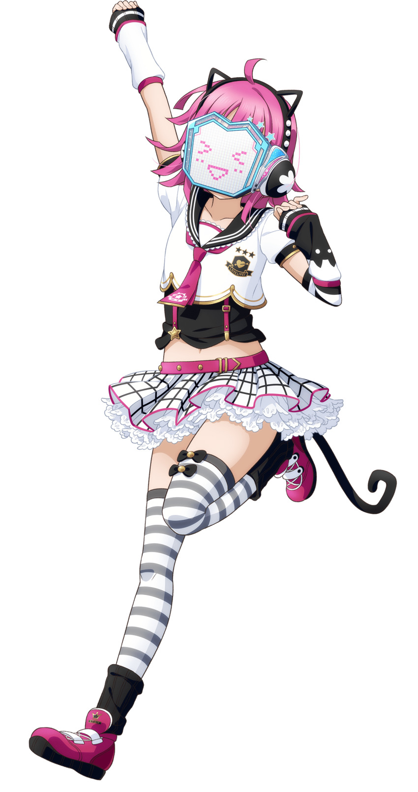 &gt;_&lt; 1girl :d absurdres ahoge black_sailor_collar black_shirt black_socks blunt_bangs blunt_ends collarbone dokipipo_emotion dot-matrix full_body grey_thighhighs highres kishimen_hair love_live! love_live!_nijigasaki_high_school_idol_club love_live!_school_idol_festival_all_stars medium_hair midriff miniskirt navel neckerchief official_alternate_costume official_art open_mouth pink_hair pink_neckerchief pink_shoes rina-chan_board sailor_collar sailor_shirt shirt shoes simple_background skirt sleeves_past_wrists smile socks socks_over_thighhighs solo striped_clothes striped_thighhighs tennoji_rina thighhighs transparent_background white_arm_warmers xd