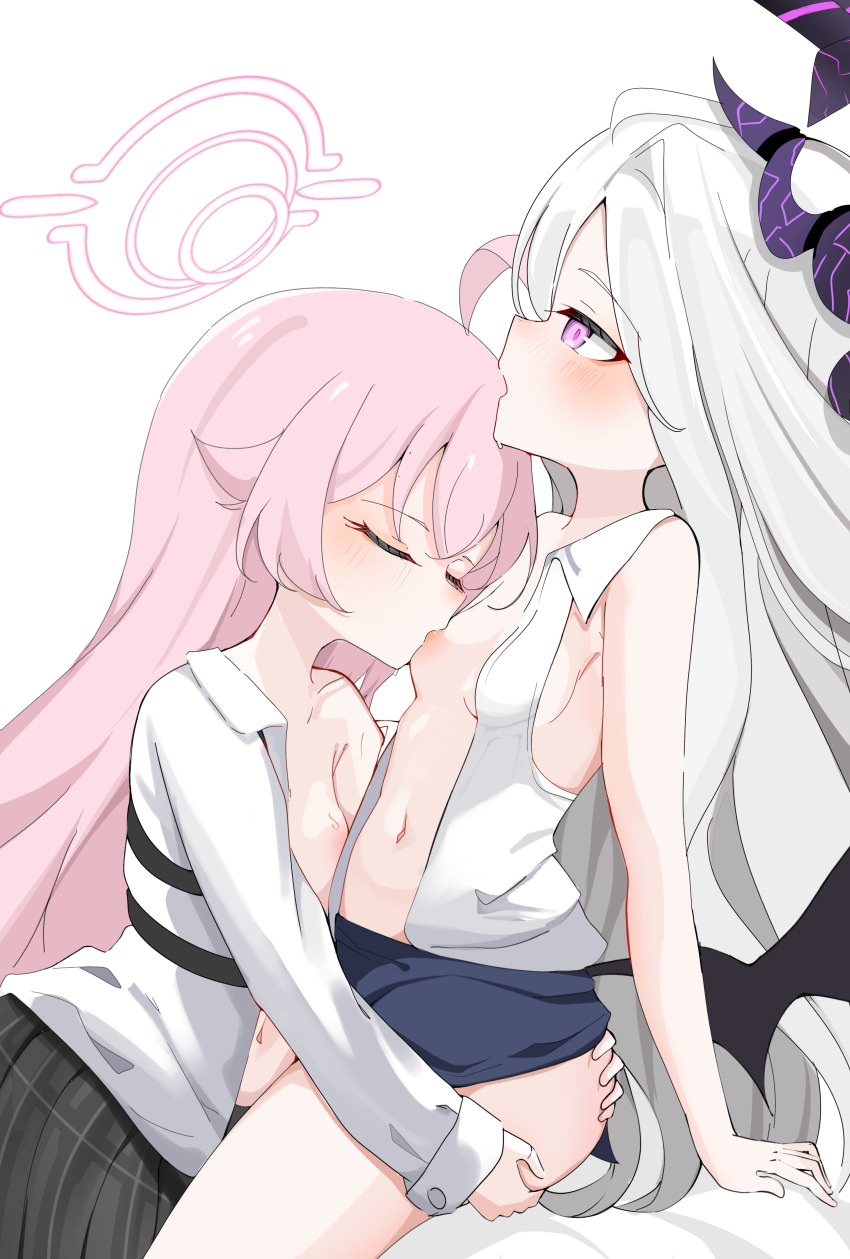 2girls absurdres ahoge black_skirt black_wings blue_archive blue_skirt breast_sucking breasts closed_eyes collared_shirt commentary demon_girl demon_horns demon_wings english_commentary grabbing_another&#039;s_ass groping halo highres hina_(blue_archive) horns hoshino_(blue_archive) kuxna_art loli long_hair long_sleeves multiple_girls nipples open_clothes open_shirt pink_hair pink_halo plaid_clothes plaid_skirt pleated_skirt purple_halo purple_horns shirt simple_background skirt sleeveless sleeveless_shirt small_breasts white_background white_hair white_shirt wings yuri