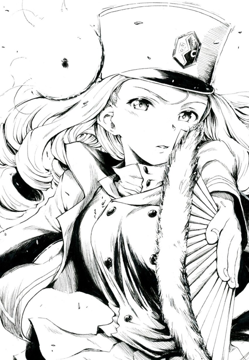 1girl bc_freedom_(emblem) bc_freedom_military_uniform blush breasts buttons coat cowboy_shot emblem floating_hair folding_fan girls_und_panzer gloves greyscale hand_fan hashtag-only_commentary hat highres jacket lips long_hair long_sleeves looking_at_viewer marie_(girls_und_panzer) medium_breasts military military_hat military_uniform monochrome open_clothes open_jacket parted_lips pleated_skirt sawamin simple_background skirt solo upper_body very_long_hair wavy_hair white_background