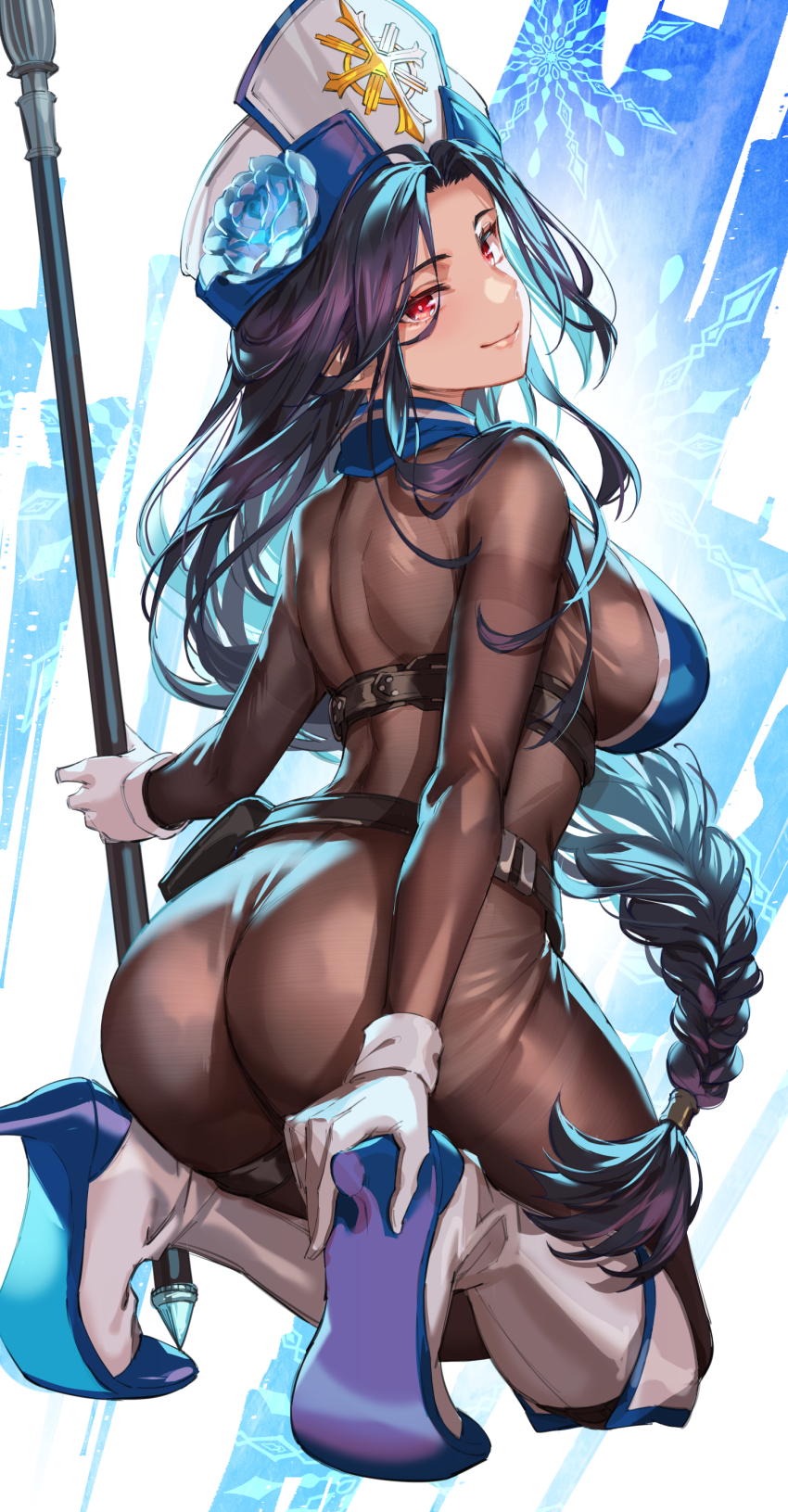 1girl absurdres ass belt belt_pouch black_belt black_hair bodystocking boots braid breasts colored_shoe_soles commentary_request cross from_behind gloves goddess_of_victory:_nikke hat high_heel_boots high_heels highres holding holding_staff ice_flower knee_boots kneeling large_breasts long_hair looking_at_viewer looking_back maiden_(ice_rose)_(nikke) maiden_(nikke) michairu official_alternate_costume pouch red_eyes shoe_soles smile solo staff very_long_hair white_boots white_gloves