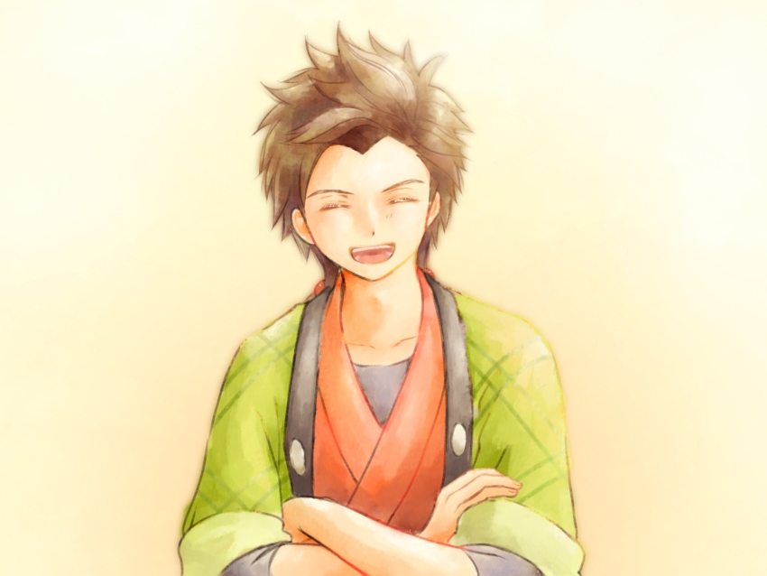 1boy :d azu_rin_go bokujou_monogatari bokujou_monogatari:_mittsu_no_sato_no_taisetsuna_tomodachi brown_hair closed_eyes collarbone crossed_arms green_haori hair_bobbles hair_ornament haori happy highres hinata_(bokujou_monogatari) japanese_clothes jinbei_(clothes) kimono light_blush male_focus open_mouth orange_kimono rattail shirt_under_kimono short_hair side_part smile solo spiked_hair three-quarter_sleeves upper_body widow&#039;s_peak yellow_background