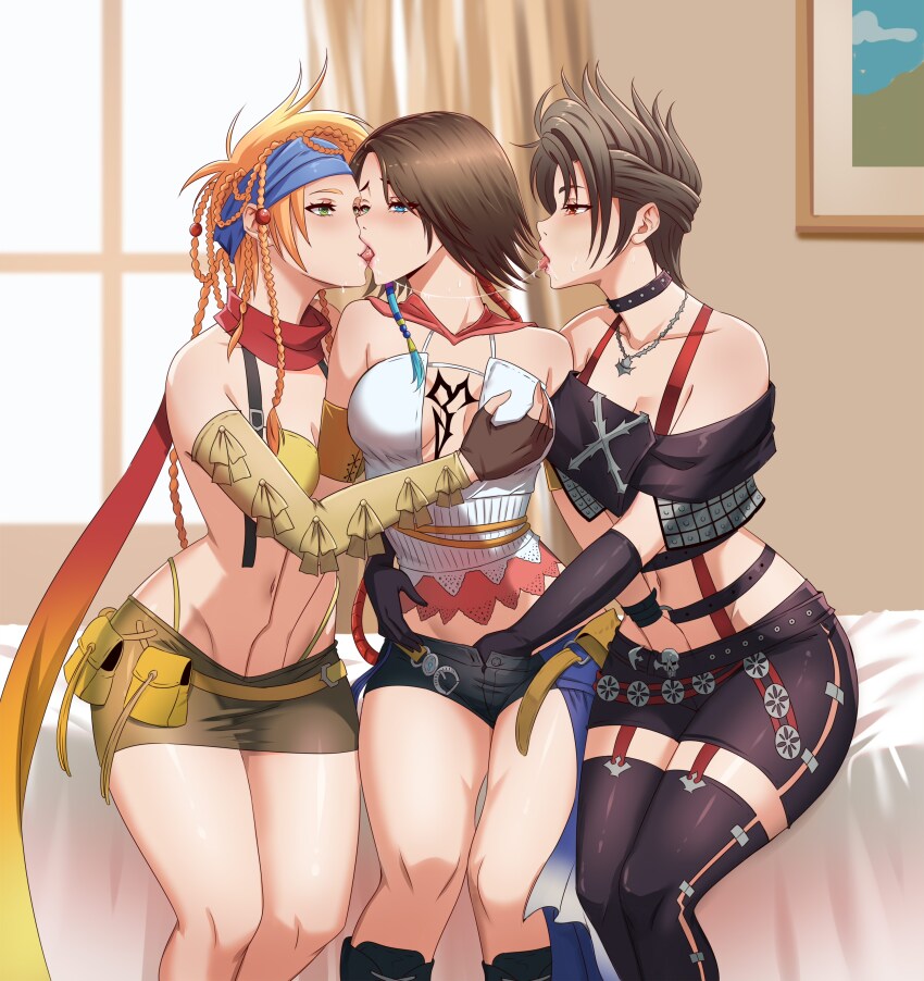 3girls absurdres bed bikini blonde_hair blue_eyes brown_hair collar commentary commission detached_sleeves english_commentary fff_threesome final_fantasy final_fantasy_x final_fantasy_x-2 fingerless_gloves french_kiss girl_sandwich gloves grabbing_another&#039;s_breast green_eyes grey_hair groping group_sex hand_in_another&#039;s_clothes hand_in_another&#039;s_skirt heterochromia highres jewelry kiss leofoxart miniskirt multiple_girls necklace paine_(ff10) red_eyes rikku_(ff10) saliva saliva_trail sandwiched scarf short_shorts shorts sitting skirt studded_collar swimsuit thighs thong threesome tongue tongue_out variant_set yellow_bikini yuna_(ff10) yuri