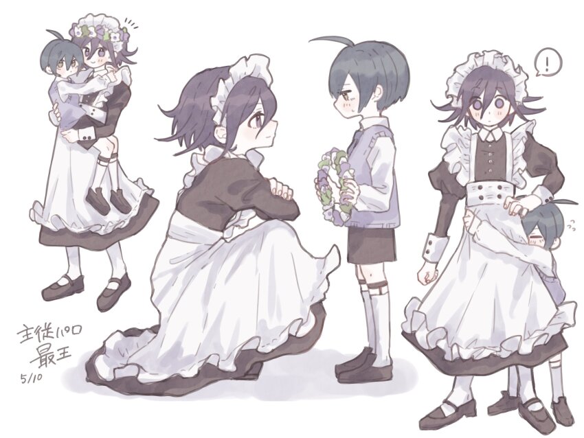 ! 2boys age_difference aged_down ahoge alternate_costume apron black_dress black_hair black_shorts blush brown_eyes buttons carrying child child_carry collared_shirt commentary_request crossdressing crossed_arms danganronpa_(series) danganronpa_v3:_killing_harmony dress flipped_hair flower_wreath from_side full_body hair_between_eyes hand_on_own_hip height_difference highres hug hug_from_behind juliet_sleeves kuro_(q6_oxo) legwear_garter long_dress long_sleeves looking_at_another looking_at_viewer maid maid_apron maid_headdress male_focus male_maid medium_hair multiple_boys multiple_views oma_kokichi pale_color profile puffy_sleeves purple_eyes purple_hair saihara_shuichi shirt short_hair shorts shy simple_background smile spoken_exclamation_mark squatting standing surprised sweater_vest translation_request trap white_background wide-eyed