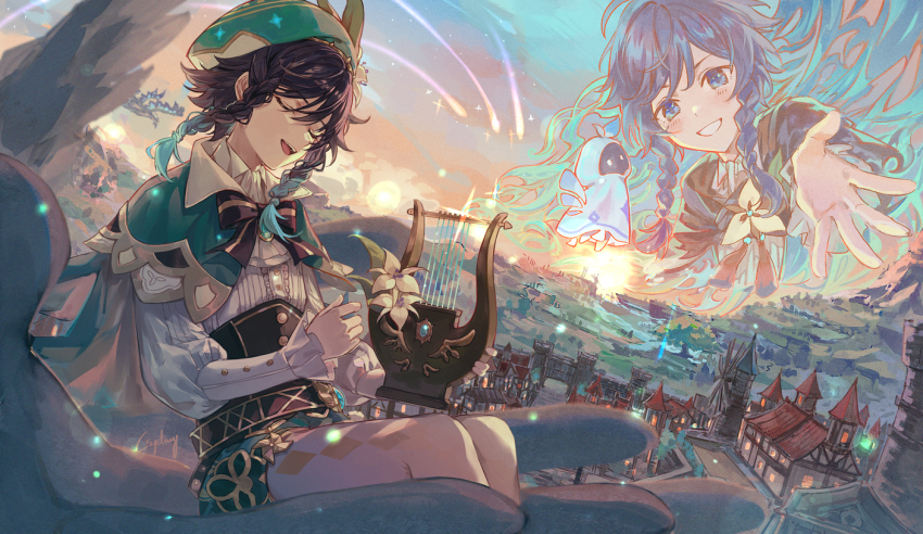 2boys argyle_clothes argyle_legwear barbatos_(genshin_impact) black_hair blue_eyes blue_hair blush bow braid brown_cloak building cape cloak closed_eyes cloud cloudy_sky comet commentary csyday day detached_wings dvalin_(genshin_impact) elemental_(creature) english_commentary flower frilled_sleeves frills gem genshin_impact gradient_hair green_headwear hair_ornament hat hat_flower holding holding_instrument hood hood_up instrument jewelry leaf light_particles long_sleeves looking_at_viewer lyre male_focus multicolored_hair multiple_boys nameless_bard_(genshin_impact) open_mouth outdoors outstretched_hand pantyhose pinwheel ribbon simple_background sitting sky smile tassel town tree twin_braids venti_(genshin_impact) vision_(genshin_impact) white_flower white_pantyhose windmill wings