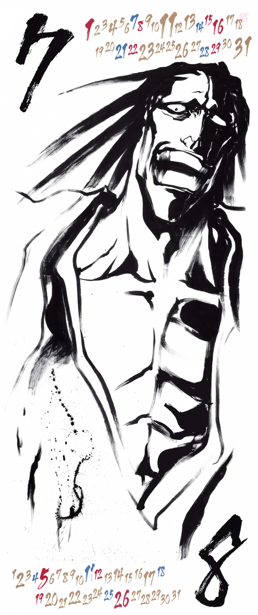 1boy absurdres bell black_hair bleach calendar_(object) grin highres japanese_clothes kubo_tite looking_at_viewer manly monochrome non-web_source official_art pectorals scar scar_across_eye scar_on_face serious shikishi smile solo white_background zanpakutou zaraki_kenpachi