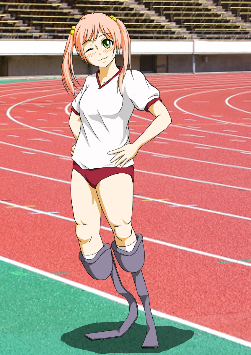1girl :3 absurdres amputee bleachers blush breasts buruma commentary_request green_eyes gym_shirt gym_uniform hair_bobbles hair_ornament hands_on_own_hips head_tilt highres ibarazaki_emi katawa_shoujo ken_katabami legless_amputee long_hair looking_at_another looking_at_viewer one_eye_closed photo_background pink_hair red_buruma running_blades running_track shirt small_breasts smile solo stadium thighs twintails