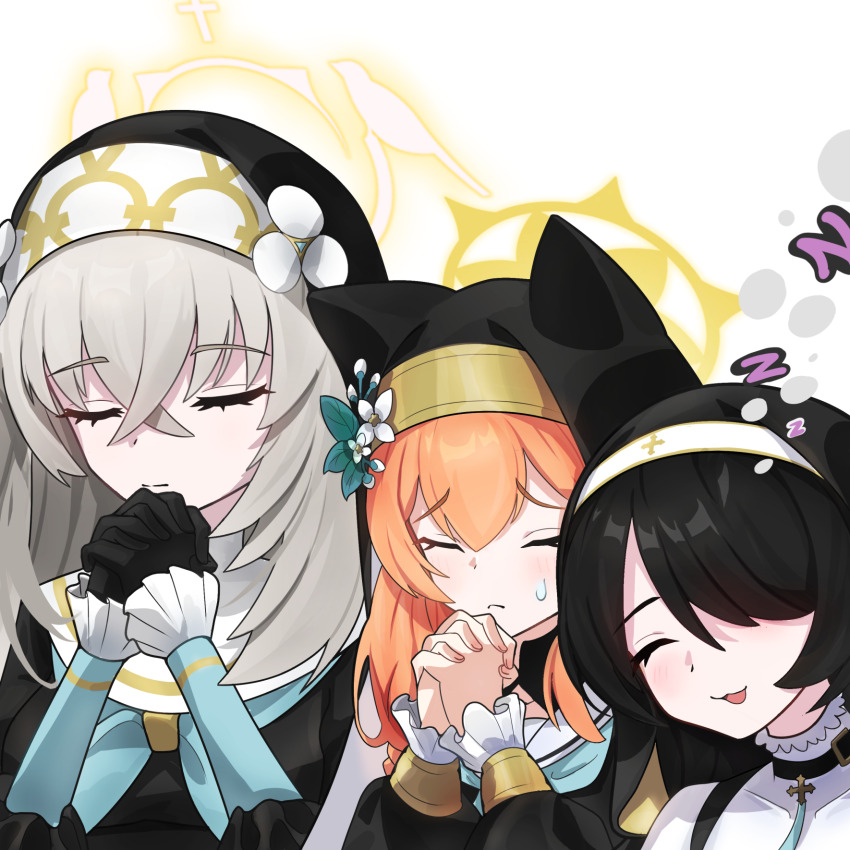 3girls animal_ears black_dress black_gloves black_hair black_veil blue_archive blue_neckerchief closed_eyes closed_mouth collar crossed_bangs dress flower gloves hair_between_eyes hair_flower hair_ornament hair_over_one_eye halo highres hinata_(blue_archive) long_hair mari_(blue_archive) multiple_girls neckerchief nun open_mouth orange_hair own_hands_clasped own_hands_together sailor_collar sakurako_(blue_archive) sidelocks sisterhood_(blue_archive) sleeping sweatdrop veil white_collar white_flower white_hair white_sailor_collar yellow_halo ze_adventurer zzz
