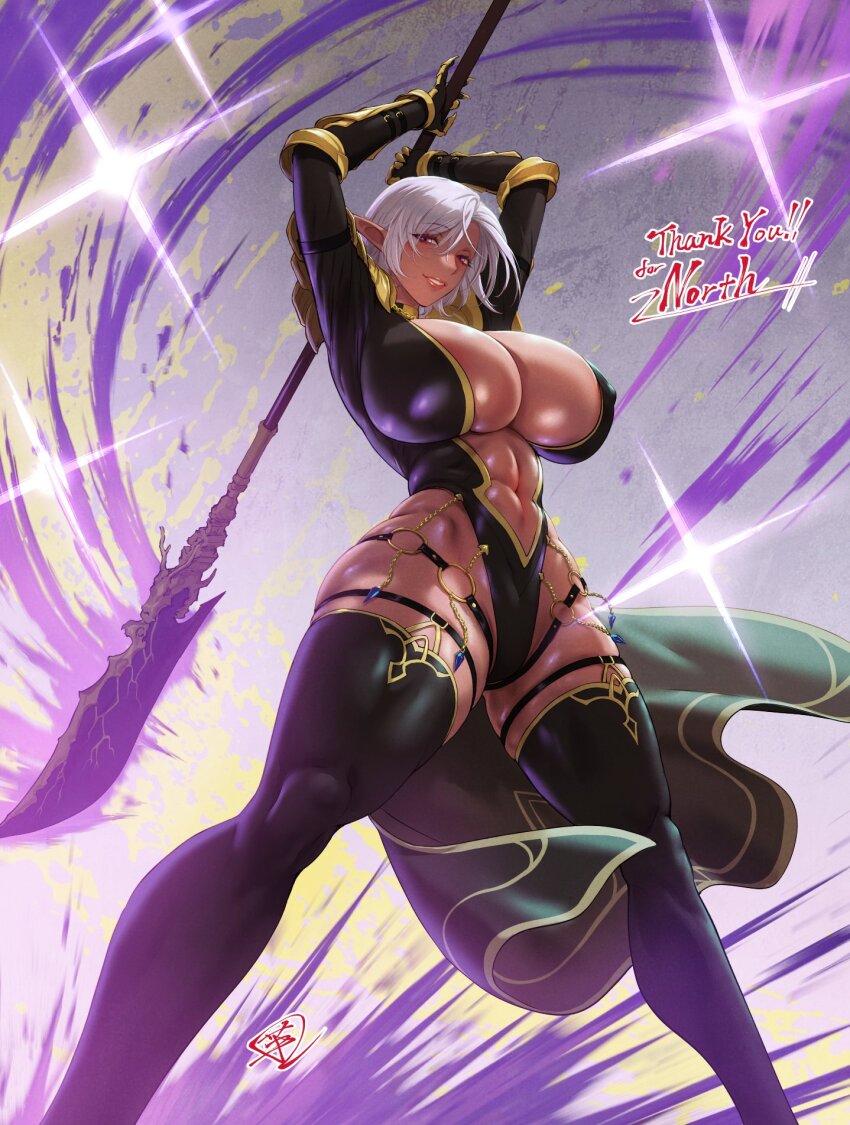 1girl abs arms_up artist_logo black_thighhighs breasts commentary_request commission dark-skinned_female dark_elf dark_skin elf feet_out_of_frame floating_clothes floating_hair from_below fujii_eishun gauntlets glaive_(polearm) grey_hair grin hair_between_eyes highres holding holding_polearm holding_weapon huge_breasts legs_apart logo long_pointy_ears looking_at_viewer muscular muscular_female navel o-ring original pointy_ears polearm purple_eyes red_lips revealing_clothes short_hair signature skeb_commission smile solo standing thank_you thigh_strap thighhighs weapon
