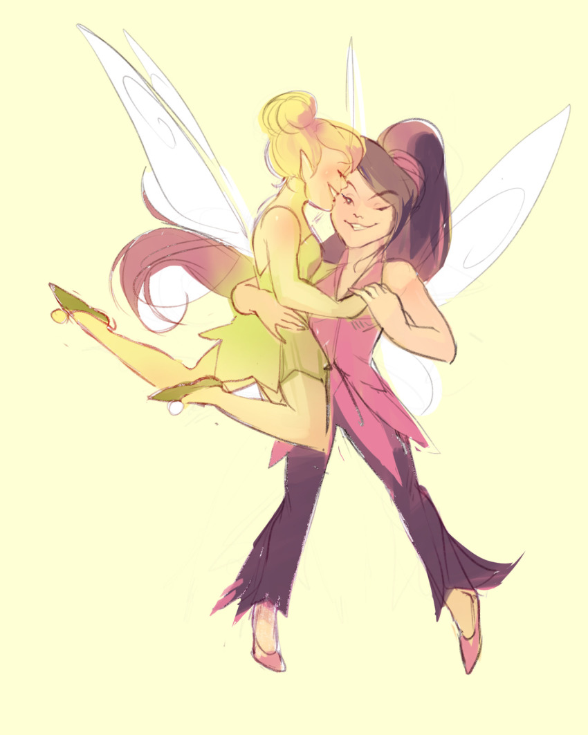 2girls blonde_hair disney_fairies_(film_series) dress closed_eyes fairy fairy_wings green_dress highres holding_hands hpheisler hug multiple_girls one_eye_closed purple_dress purple_hair second-party_source sleeveless smile tinker_bell_(disney) vidia wings yellow_background yuri