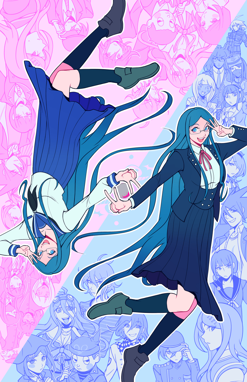 6+boys 6+girls :3 :d absurdres ahoge akamatsu_kaede amami_rantaro android barbed_wire black_neckerchief blood blood_splatter blue_background blue_eyes blue_hair blue_sailor_collar blue_skirt blue_socks blunt_bangs blush blush_stickers breasts chabashira_tenko choker cleavage closed_mouth commentary danganronpa_(series) danganronpa_v3:_killing_harmony dark-skinned_female dark-skinned_male dark_skin double_v dual_persona english_commentary eyelashes facial_hair fingernails fortissimo glasses goggles goggles_on_head gokuhara_gonta green_shoes hair_ornament hair_over_one_eye hair_ribbon hairband half-closed_eyes hand_on_headwear harukawa_maki hat highres holding hoshi_ryoma iruma_miu jacket k1-b0 kneehighs long_hair long_skirt long_sleeves mask medium_hair mole mole_under_mouth momota_kaito mouth_mask multiple_boys multiple_girls musical_note musical_note_hair_ornament neck_ribbon neckerchief necktie official_alternate_costume oma_kokichi open_clothes open_jacket open_mouth outline phantomorrow pink_background pink_blood ribbon saihara_shuichi sailor_collar school_uniform serafuku shinguji_korekiyo shirogane_tsumugi shirt shoes short_hair skirt smile socks spoilers sweatdrop teeth tojo_kirumi twintails two-tone_background upper_teeth_only upside-down v very_short_hair white_outline white_shirt yonaga_angie yumeno_himiko zipper