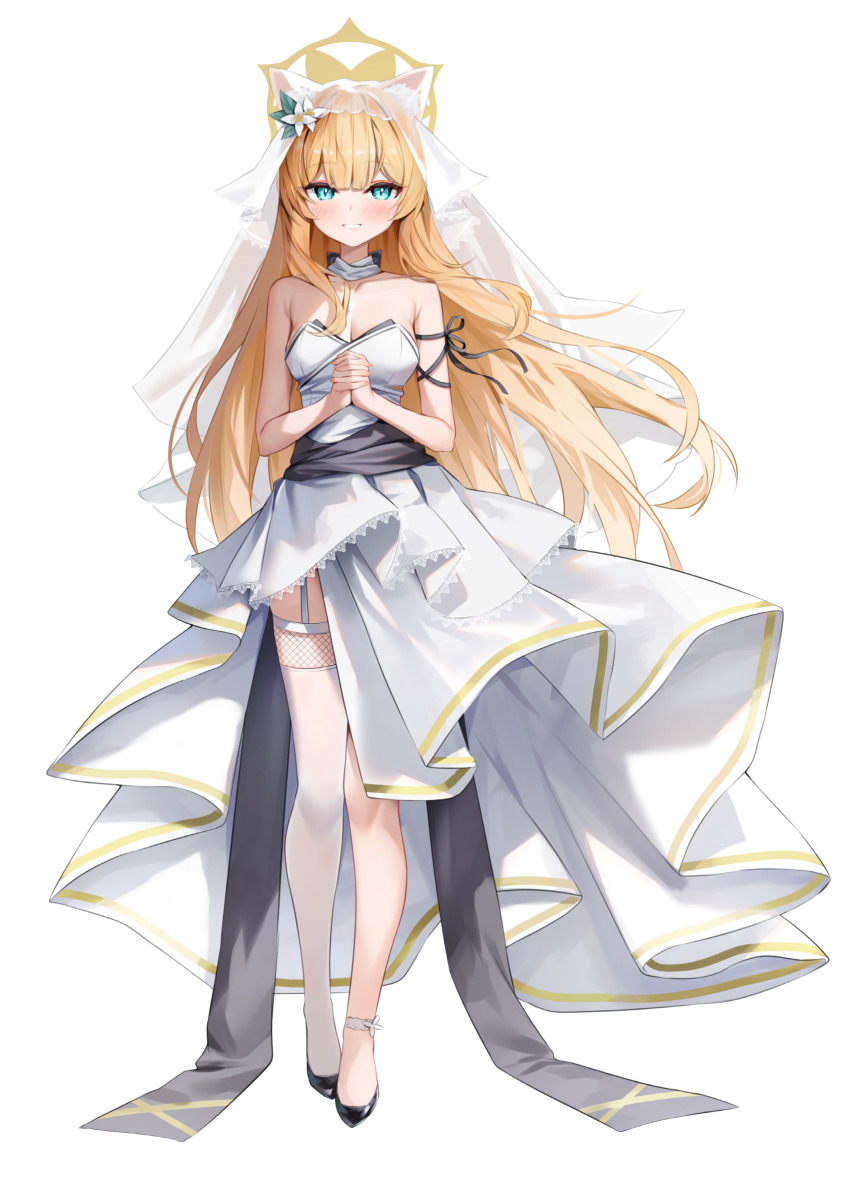 1girl absurdres alternate_costume animal_ear_fluff animal_ears bare_arms bare_shoulders black_shoes blue_archive blue_eyes breasts bridal_veil cat_ears cat_girl cleavage dress flower garter_straps hair_between_eyes hair_flower hair_ornament highres long_hair mari_(blue_archive) own_hands_clasped own_hands_together shoes shuvi_(shuvi1125) sidelocks single_thighhigh sleeveless sleeveless_dress solo strapless strapless_dress thighhighs veil wedding_dress white_dress white_flower white_garter_straps white_thighhighs