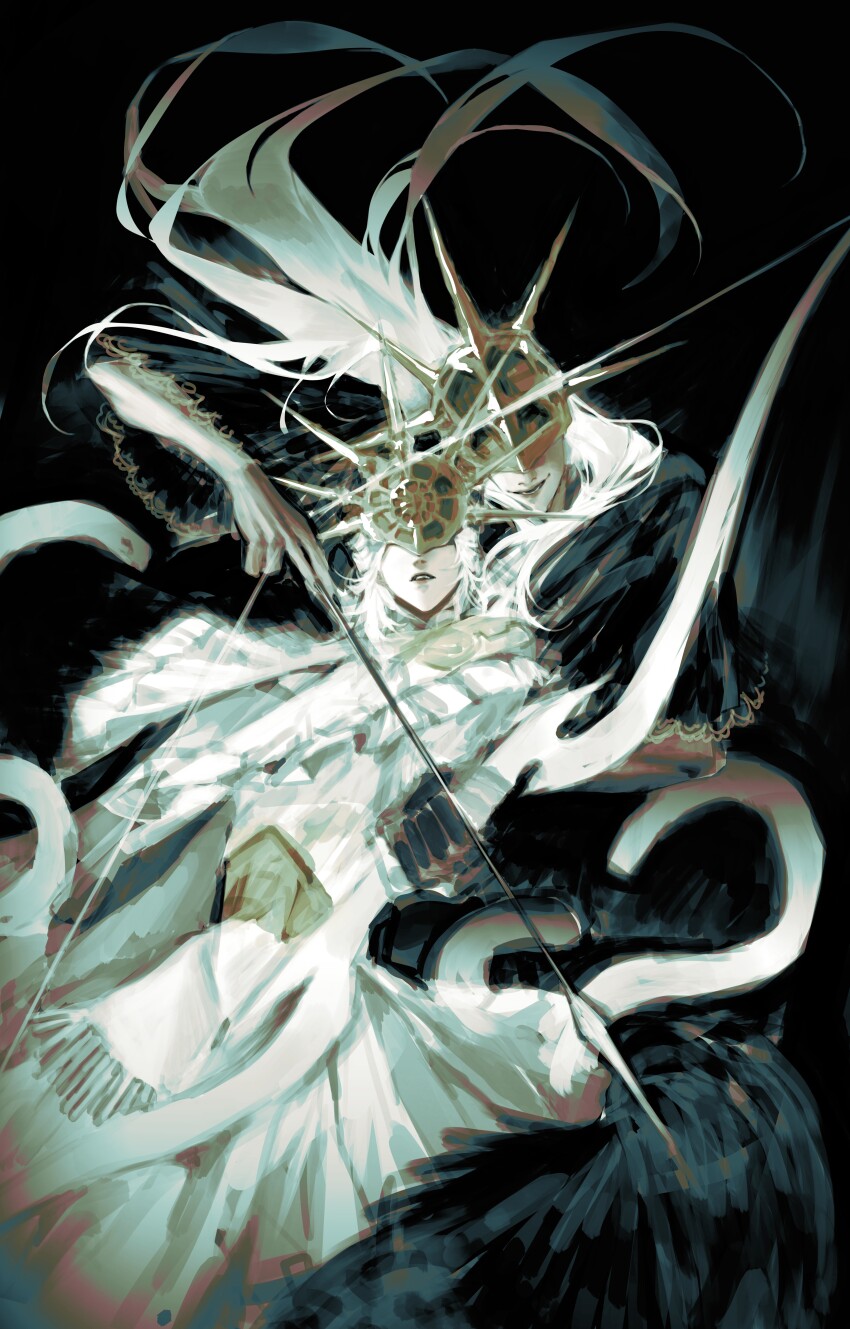 2boys absurdres aldrich_devourer_of_gods black_dress closed_mouth covered_eyes dark_souls_(series) dark_souls_iii dark_sun_gwyndolin dress grey_hair helmet highres holding holding_weapon long_hair long_sleeves multiple_boys simple_background snake spiked_helmet teeth weapon white_dress