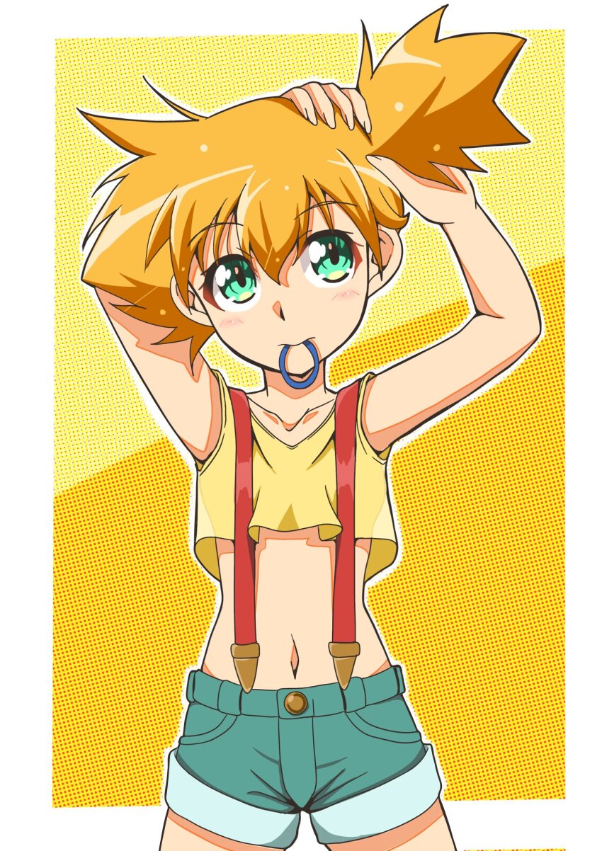 1girl adjusting_hair armpits arms_up asymmetrical_hair blush breasts crop_top crop_top_overhang denim denim_shorts female_focus gen_1_pokemon green_eyes gym_leader hair_tie hair_tie_in_mouth highres legs looking_at_viewer midriff misty_(pokemon) mouth_hold navel nintendo orange_hair pokemon pokemon_(anime) pokemon_(classic_anime) pokemon_rgby ponytail shirt short_hair short_shorts shorts side_ponytail smile solo suspender_shorts suspenders tank_top thighs tying_hair yellow_shirt yoshimi_mizunoe