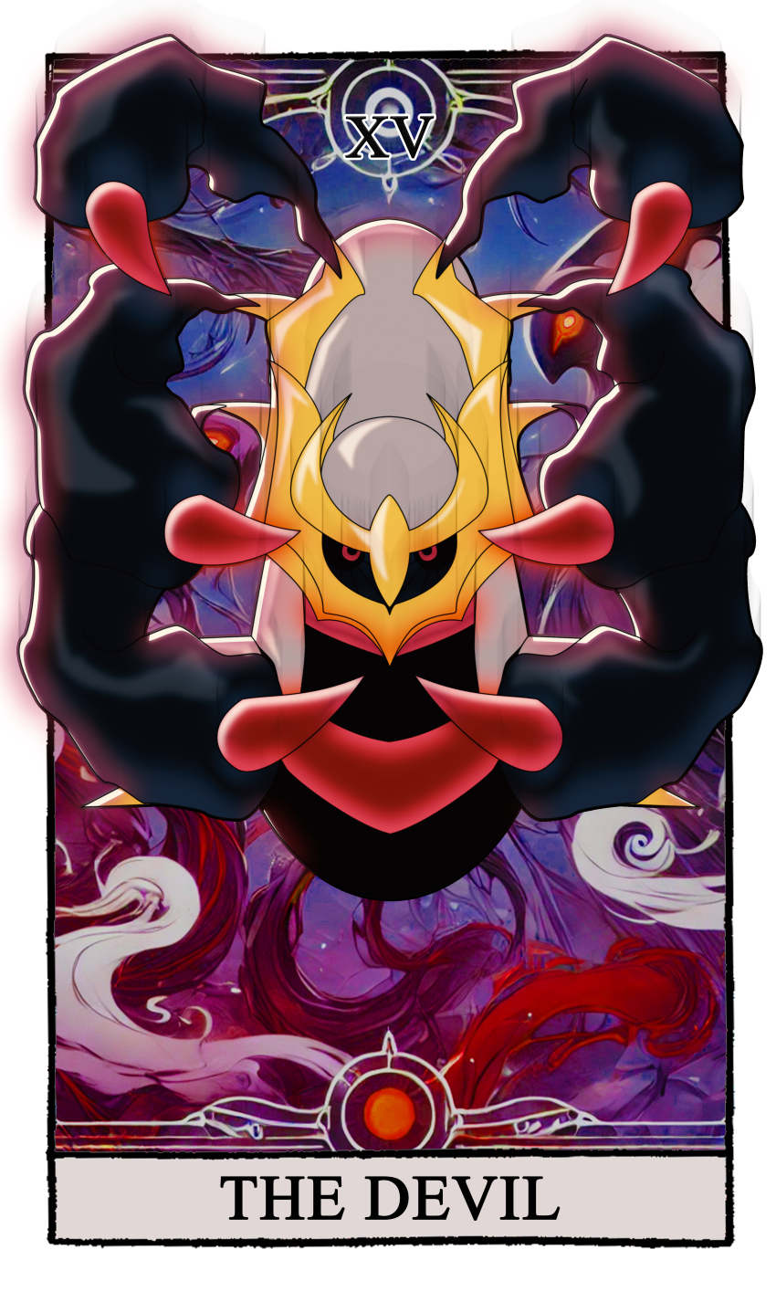 abstract_background absurdres border card_(medium) carrotzmoonman commentary commentary_request english_commentary english_text full_body gen_4_pokemon giratina highres legendary_pokemon looking_at_viewer nintendo no_humans pokemon pokemon_(creature) red_eyes roman_numeral screenshot_background solo tarot tarot_(medium) the_devil_(tarot) white_border