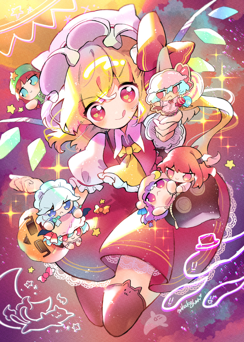 1girl absurdres ascot bat_wings blonde_hair blue_eyes bow candy character_doll chibi crystal doll dress flandre_scarlet food full_body hat highres holding hong_meiling izayoi_sakuya koakuma long_hair looking_at_viewer mikako_chan3 mob_cap multiple_girls open_mouth patchouli_knowledge puffy_short_sleeves puffy_sleeves red_eyes red_hair remilia_scarlet ribbon shirt short_hair short_sleeves side_ponytail skirt smile solo_focus thighhighs tongue tongue_out touhou vest wings yellow_ascot