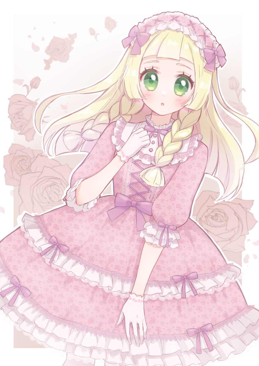 025sakura393 1girl alternate_costume blonde_hair blunt_bangs blush braid commentary_request dress eyelashes flower gloves green_eyes hand_up highres lillie_(pokemon) long_hair looking_at_viewer nintendo pink_dress pokemon pokemon_sm solo three-quarter_sleeves twin_braids white_background white_gloves