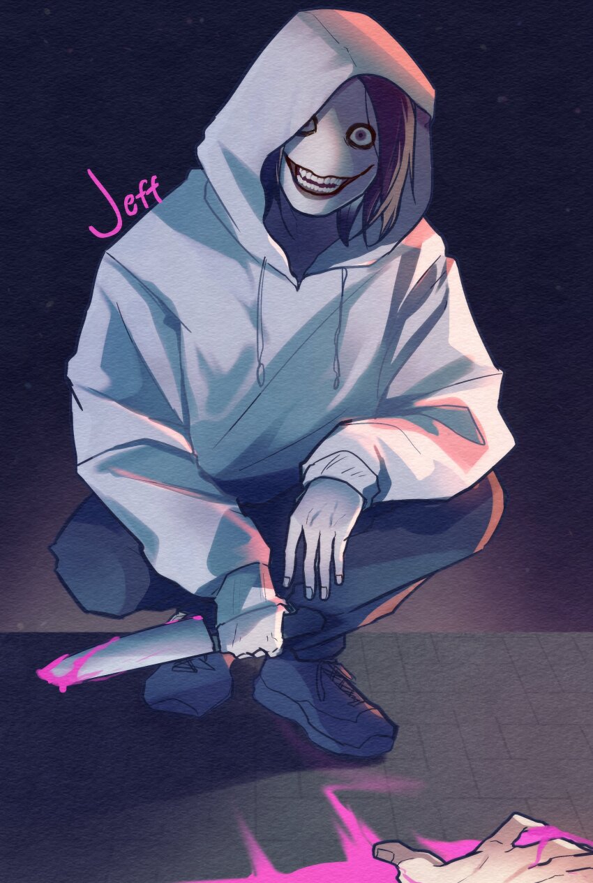 1boy absurdres arms_on_knees blood brown_hair crazy_grin creepypasta english_text full_body glasgow_smile grin head_tilt highres holding holding_knife hood hood_up hoodie icekana insulting_viewer jeff_the_killer knife looking_at_viewer male_focus medium_hair one_eye_covered pink_blood pool_of_blood smile solo squatting tile_floor tiles white_hoodie wide-eyed